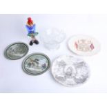 A Murano clown, 1953 royalty glass dish, jubilee plates and Adams plates, Dr Syntax.