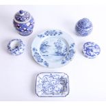 A small collection of blue and white porcelain, including 19th century tin-glazed dish, etc.