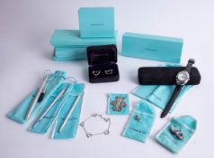 Tiffany, a collection of various pens, silver earrings, bracelet, silver bookmark, also a Faraone