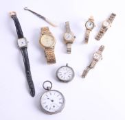 A silver open face pocket watch, Seconda wristwatch, a silver and enamel fob watch (damaged) and