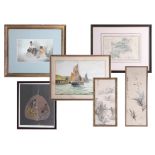 Collection of small pictures including A.D. Bell 'Whitby Harbour', map of Middlesex etc (6).