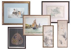 Collection of small pictures including A.D. Bell 'Whitby Harbour', map of Middlesex etc (6).