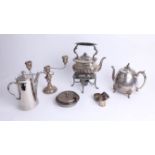 A collection of various silver plated ware, including spirit kettle.