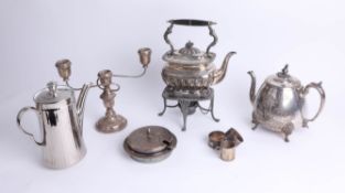 A collection of various silver plated ware, including spirit kettle.