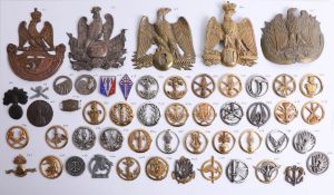 A collection of approx. 52 military cap badges including 19th century French shako plates also