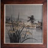 A silkwork painting in an oak frame, glazed, overall size 69cm x 68cm.