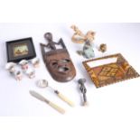 An assortment of items including miniature Tony Wood character jugs, ornate pewter handled seal,