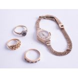 Uno, 9ct ladies gold wristwatch 18.70g, together with 9ct dress rings and an 18ct antique ring 3.
