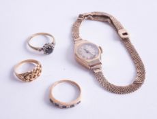 Uno, 9ct ladies gold wristwatch 18.70g, together with 9ct dress rings and an 18ct antique ring 3.