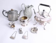 A 19th century moulded jug (Waverly) No 91, silver plated wares including spirit kettle, labels,