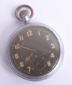 An open face vintage pocket watch with black dial and a silver guard chain with red bloodstone.