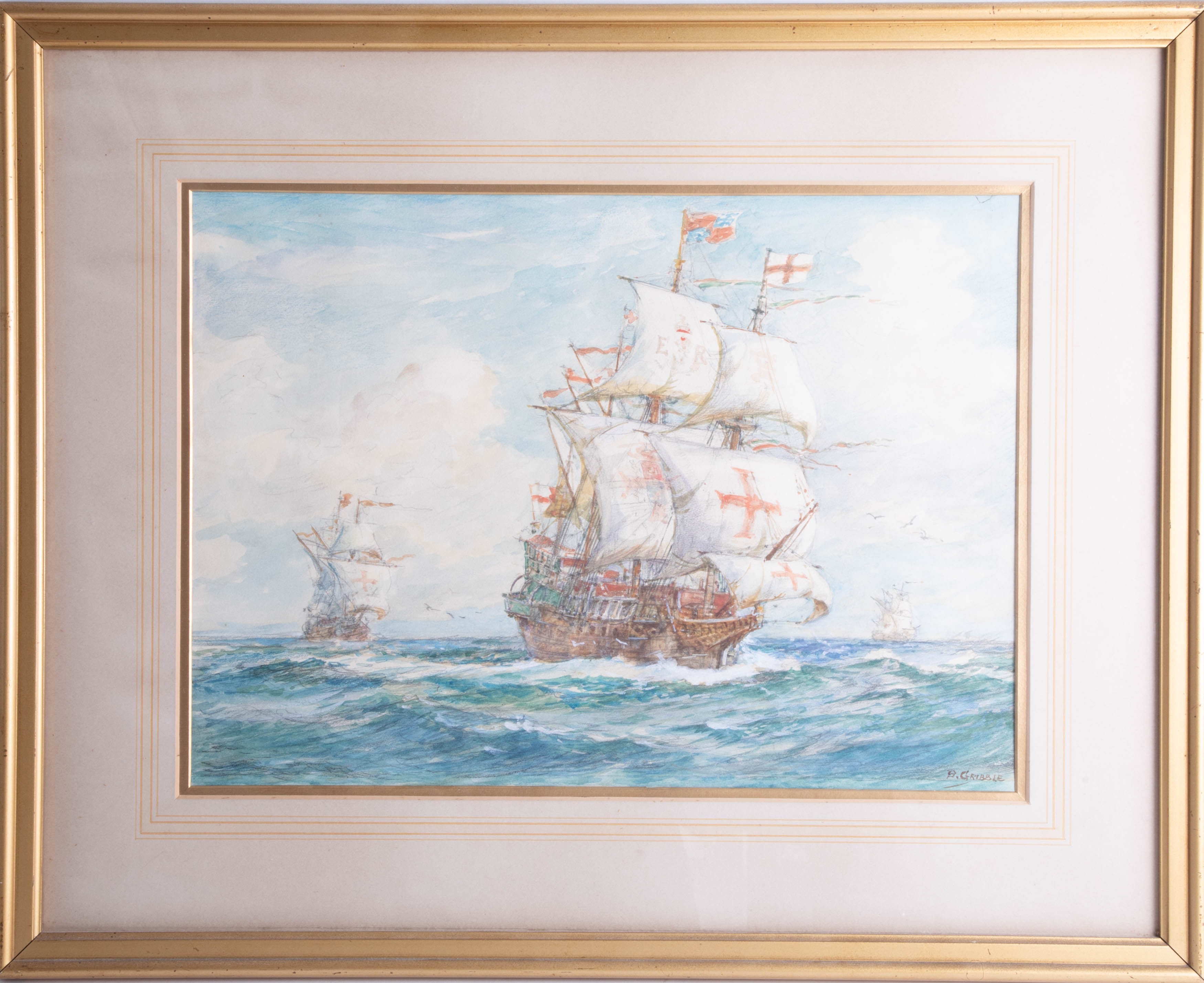 B.Gribble, signed watercolour 'Golden Hind', 32cm x 47cm, framed and glazed.