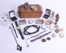 A collection of jewellery and objects including 9ct gold ring and cigar box.