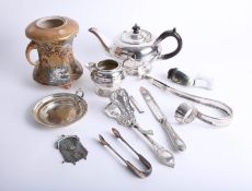 Small collection of silver plated ware items also Japanese Satsuma 'Faces' pot.