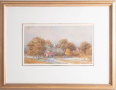 Monogrammed CB, English watercolour rural scene with sheep, 15cm x 26cm, framed and glazed.