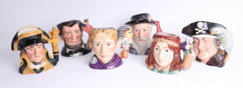 Six various Royal Doulton character jugs including Long John Silver, Abraham Lincoln president