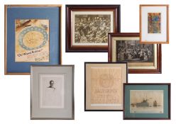 Collection of various prints and pictures including photographs, portrait of the Royal Family etc.