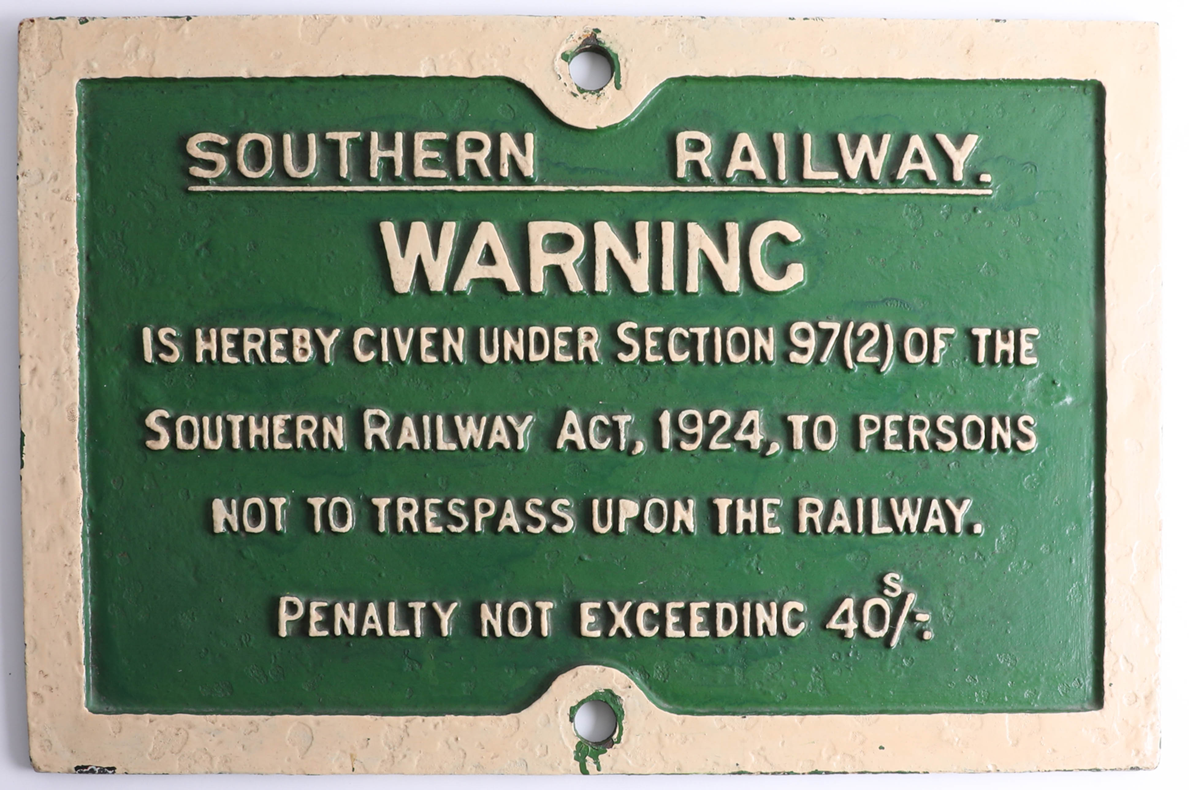 Southern Railway, a warning sign approx. 62cm x 40cm recovered near Kings Road Train Station,