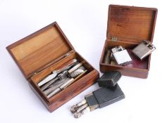 Olive wood and walnut small boxes with contents including vintage lighters, rule, vesta, silver
