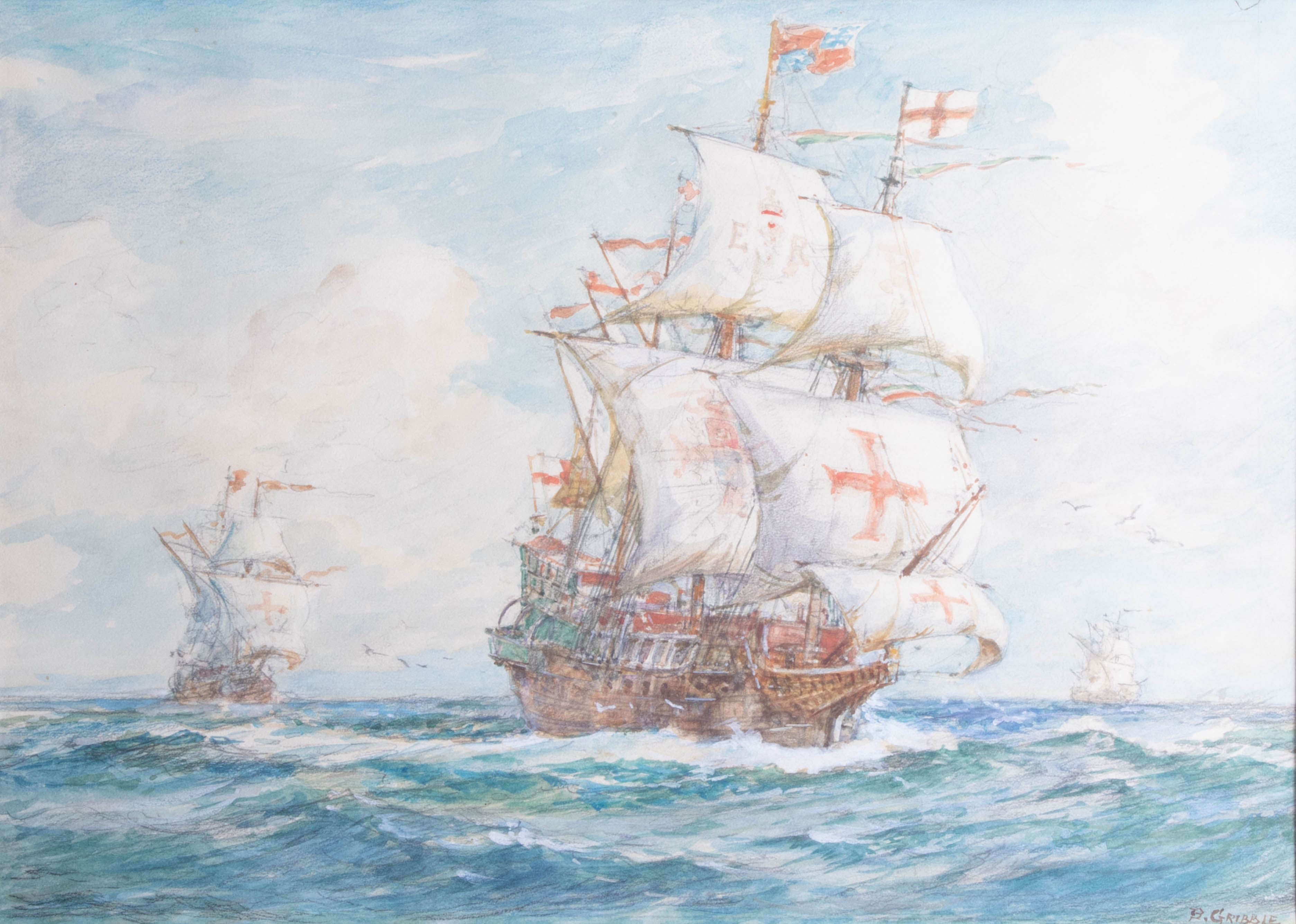 B.Gribble, signed watercolour 'Golden Hind', 32cm x 47cm, framed and glazed. - Image 2 of 2