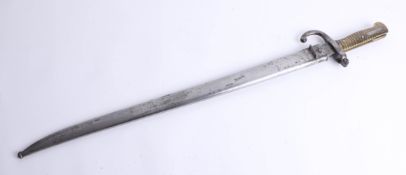 An Antique French steel and brass Bayonet in steel scabbard, marked to blade armoury 'Mre di Ormes