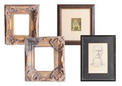 Two reproduction ornate gilt frames, the largest 45cm x 40cm and two prints.