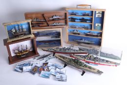 Five loose static model ships, together with seven boxed displayed ships including H.M.S. Belfast