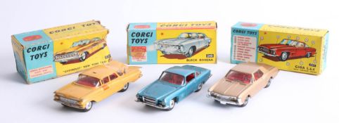 Corgi Toys, 'Buck Riviera' No 245, boxed, 'GHIA L.6.4' No 241, boxed and 'Chevrolet' New York taxi