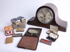 A 1950's oak cased mantle clock, together with various items including travel clock, vintage cuff