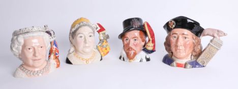 Four Royal Doulton Royalty character jugs including Richard III, collectors club edition, QEII,