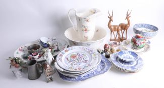Various 19th century and later blue and white and other plates and china wares, jug and basin set,