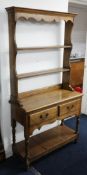 Cottage oak two part dresser with open rack, two drawers and pot board, width 92cm.