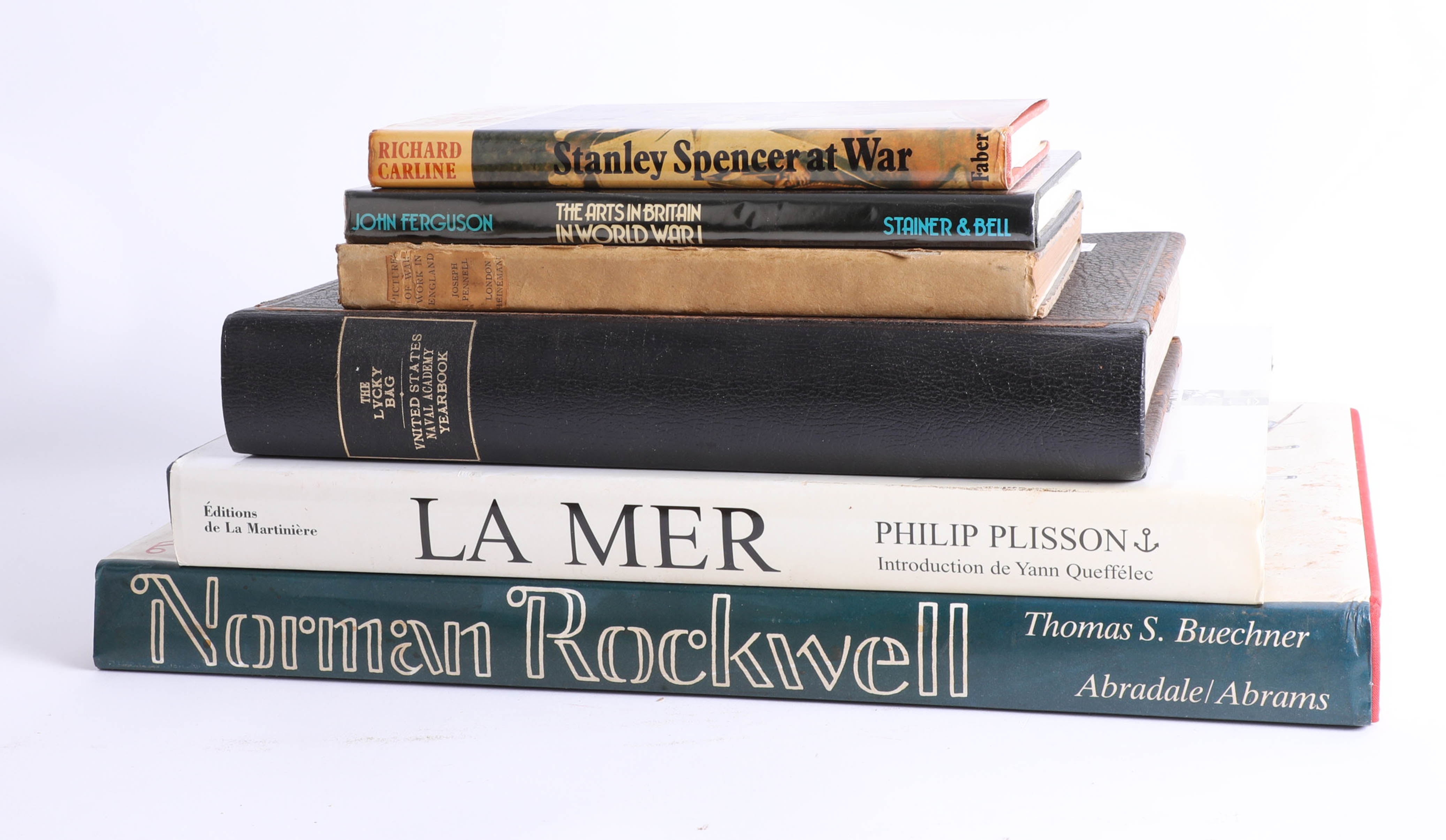 Six books including Joseph Pennell's pictures of War work, Normal Rockwell, La Mer by Philip