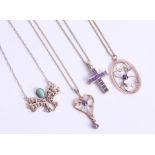Collection of four necklaces including amethyst, three marked 9ct (approx. 16.6g) and another