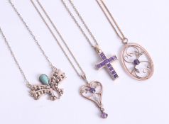 Collection of four necklaces including amethyst, three marked 9ct (approx. 16.6g) and another