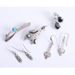 Contemporary Danish? Sterling silver and turquoise bird brooch and a another, pairs of
