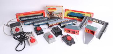 Collection of Triang Hornby including diesel locomotive, four coaches and track.