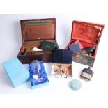 A 19th century mahogany bass brown writing box, various objects, box of various costume jewellery