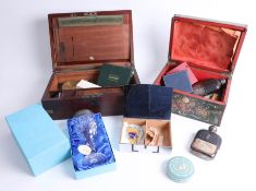 A 19th century mahogany bass brown writing box, various objects, box of various costume jewellery