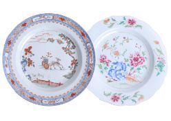 Two 19th century Chinese porcelain decorated plates one depicting a deer pulling a small carriage,