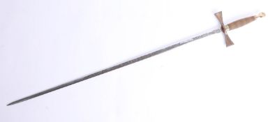 Ceremonial sword with etched engraved steel blade with leather scabbard, length approx. 86cm.