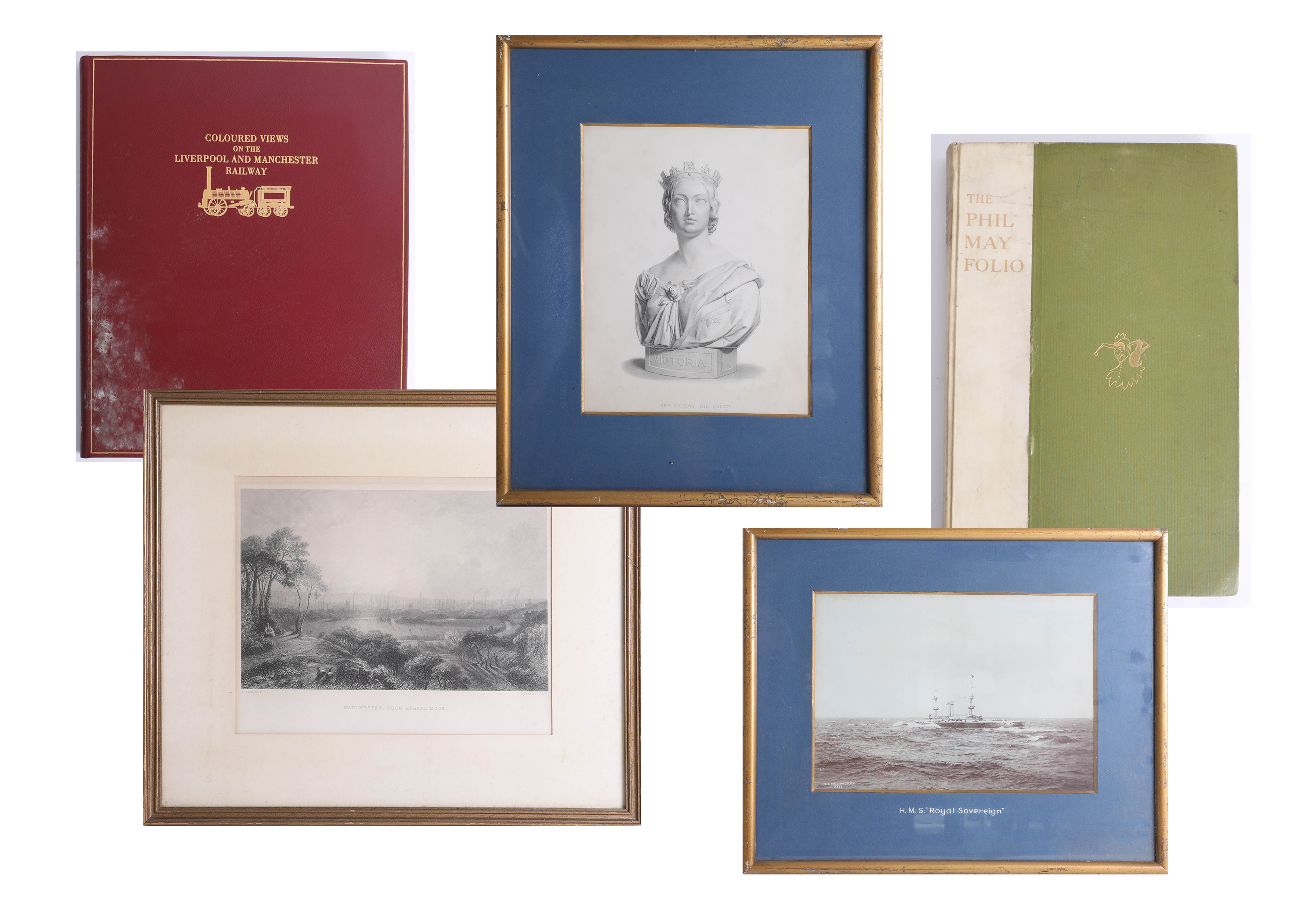 Various prints including photograph H.M.S. Royal Sovereign, The Phil May Folio also coloured views