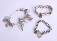 Three silver bracelets including charm and gate bracelet approx. 3.20oz (3).