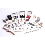 Various costume jewellery including 9ct gold pin, badges, brooches and sundry items etc.