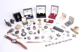 Various costume jewellery including 9ct gold pin, badges, brooches and sundry items etc.