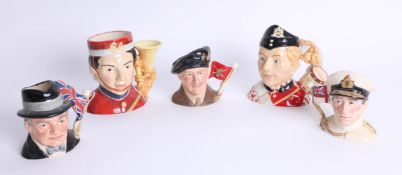 Royal Doulton small character jugs, including Winston Churchill, Monty and Staff Drummer Boy