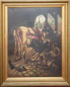 19th century oil on canvas 'Lady milking the cow in a stable', 92cm x 72cm in gilt frame (damaged).