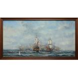 J.Harvey, oil on canvas 'Battle Ships', 60cm x 120cm, framed.