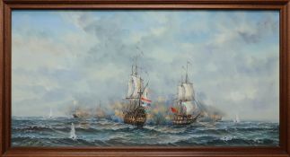 J.Harvey, oil on canvas 'Battle Ships', 60cm x 120cm, framed.