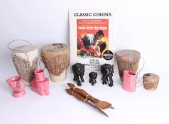 Mixed collection to include set of three black elephants, set of four hand drums, wooden utensils